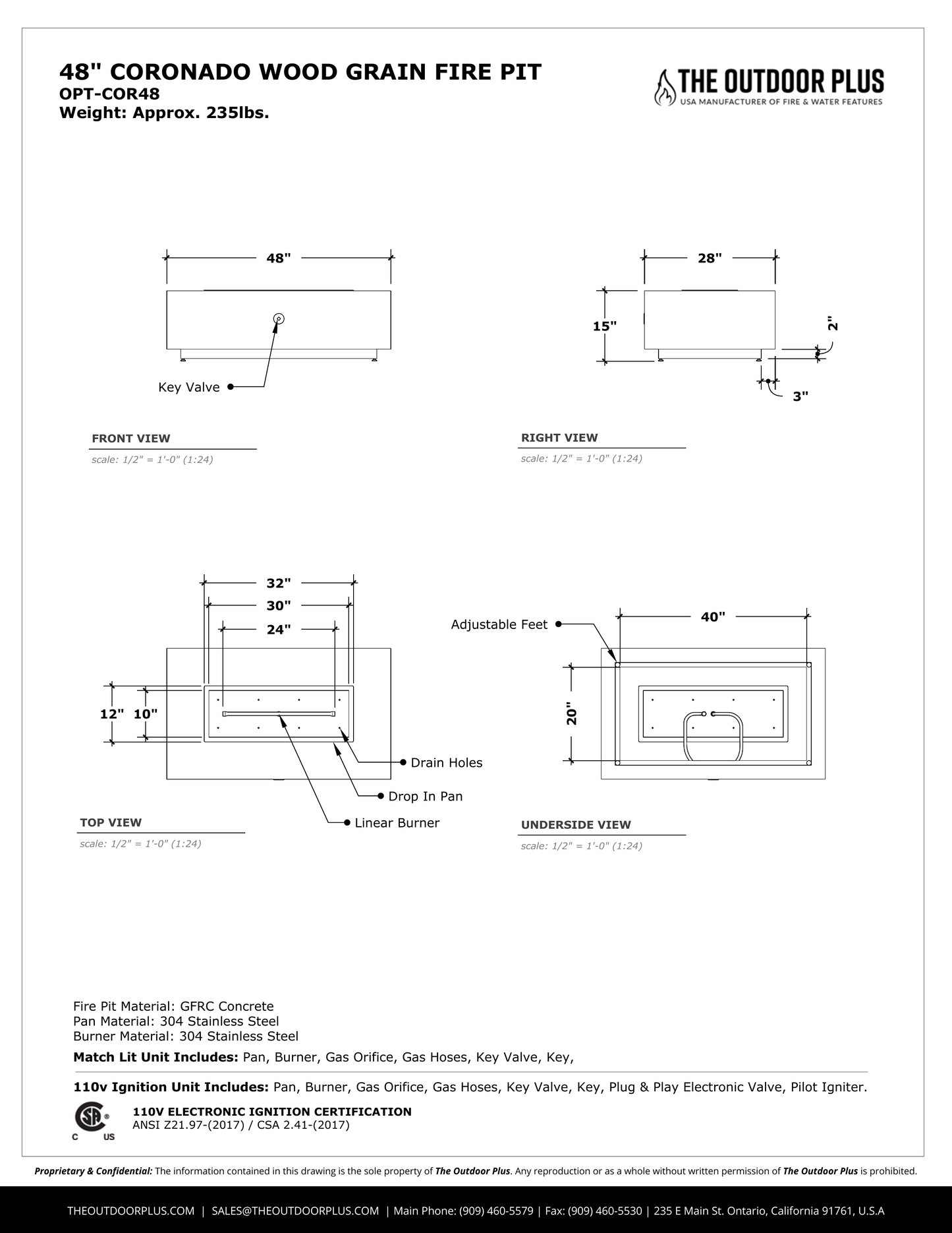 Coronado 48" Wood Grain Finish Fire Pit