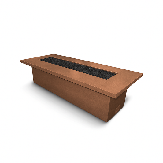Newport 120-inch rectangular fire table in Copper finish with elongated burner pan and clean modern silhouette.