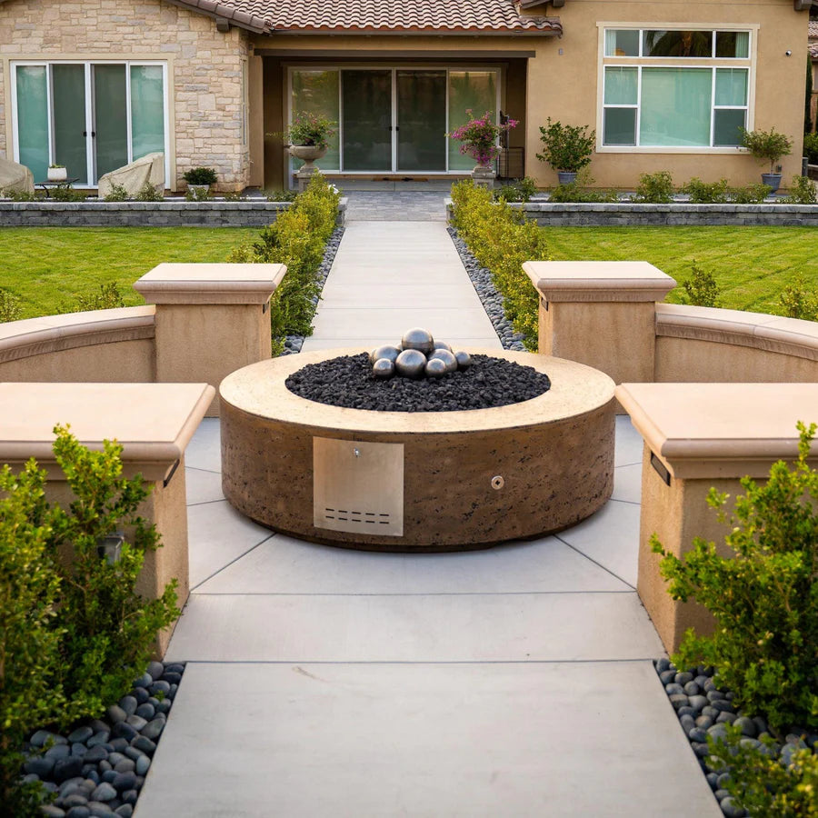 Florence 72 inch round concrete fire pit installed as large courtyard focal point