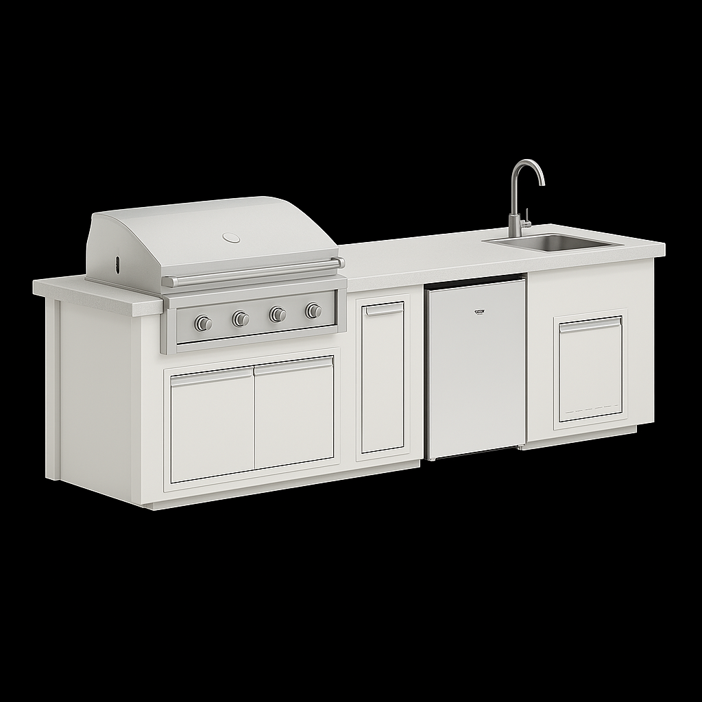 “Videl Luxe 112-inch BBQ island with built-in sink in Mist countertop and White base, handcrafted concrete outdoor kitchen island.”
