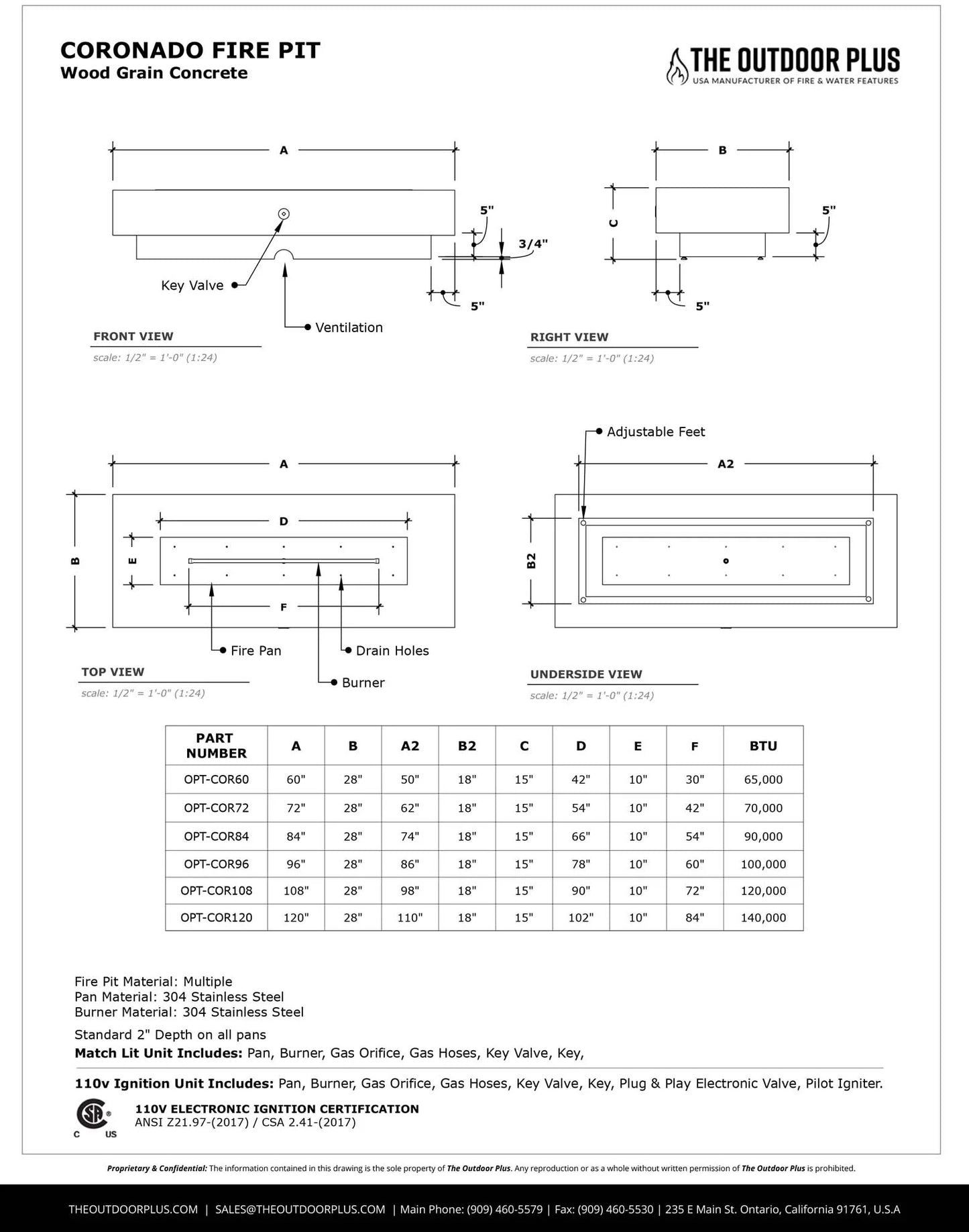 Coronado Wood Grain Fire Pit — Standard Sizes (48–84")