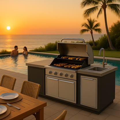 “Videl Luxe 112-inch BBQ island with built-in sink in countertop Pewter and Matte Black base, handcrafted concrete outdoor kitchen island.”