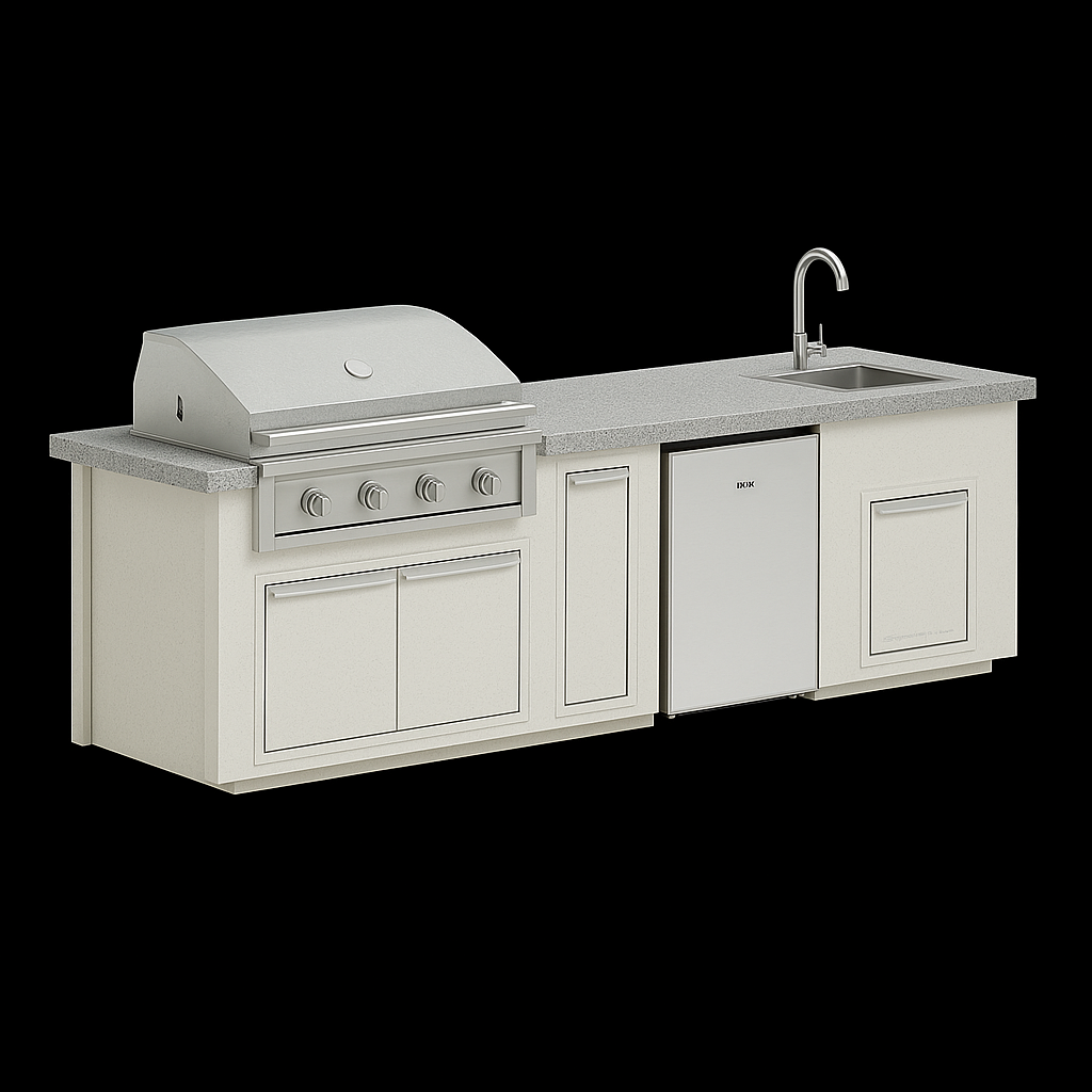 “Videl Luxe 112-inch BBQ island with built-in sink in Silver countertop and White Vein base, handcrafted concrete outdoor kitchen island.”