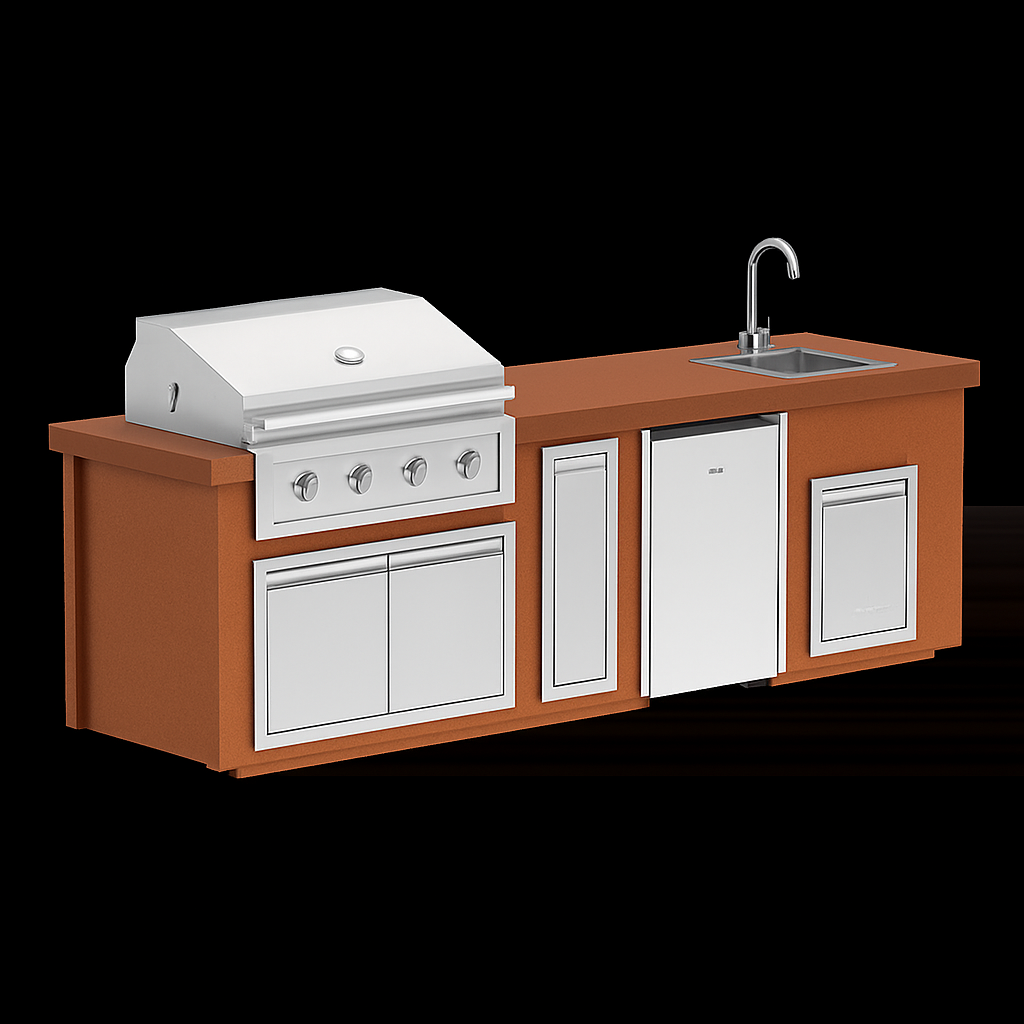 “Videl Luxe 112-inch BBQ island with built-in sink in Copper countertop and Copper base, handcrafted concrete outdoor kitchen island.”