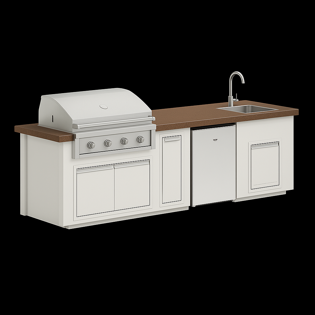“Videl Luxe 112-inch BBQ island with built-in sink in Lava countertop and Soft White base, handcrafted concrete outdoor kitchen island.”