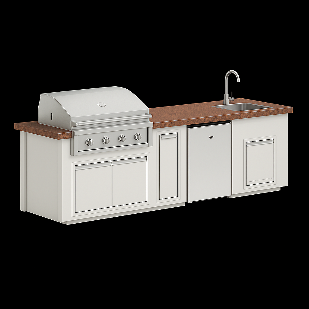 “Videl Luxe 112-inch BBQ island with built-in sink in Copper countertop and Soft White base, handcrafted concrete outdoor kitchen island.”