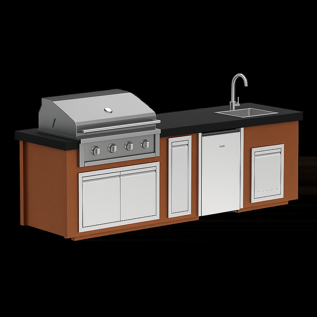 “Videl Luxe 112-inch BBQ island with built-in sink in Matte Black countertop and Copper base, handcrafted concrete outdoor kitchen island.”