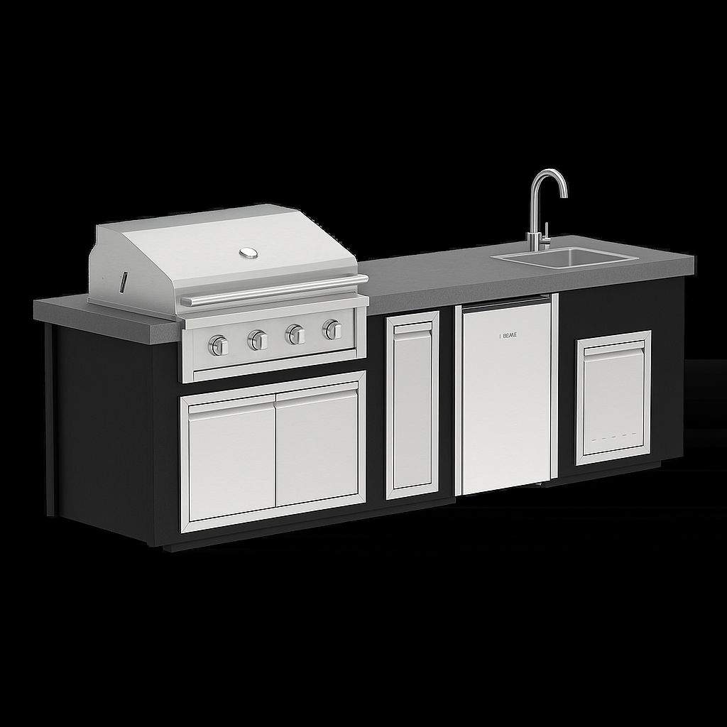 “Videl Luxe 112-inch BBQ island with built-in sink in Gray countertop and Matte Black base, handcrafted concrete outdoor kitchen island.”