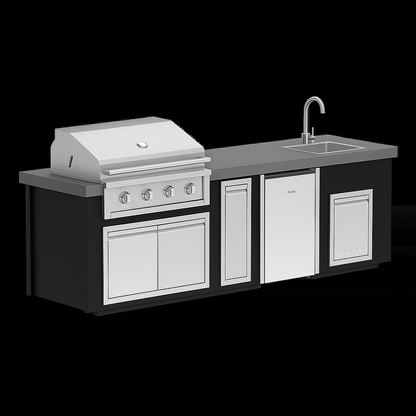 “Videl Luxe 112-inch BBQ island with built-in sink in Gray countertop and Matte Black base, handcrafted concrete outdoor kitchen island.”