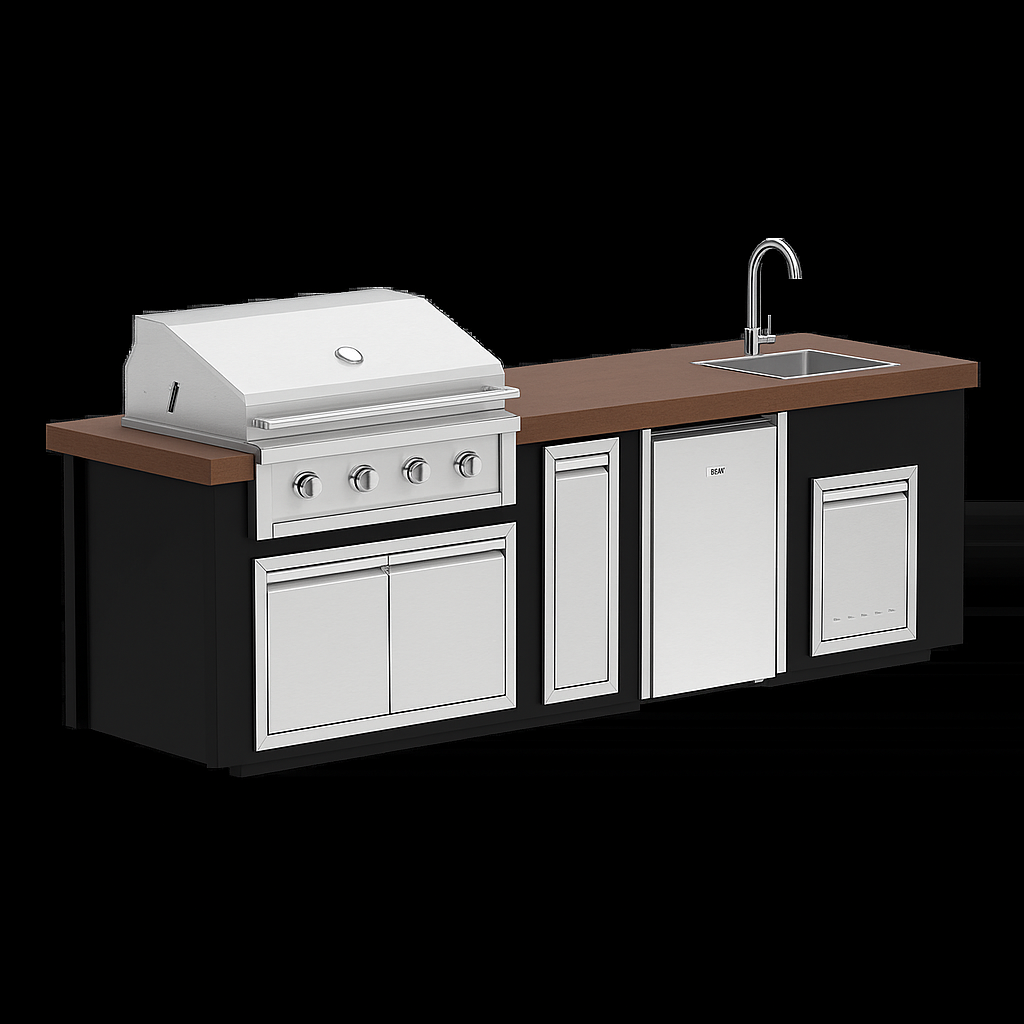 “Videl Luxe 112-inch BBQ island with built-in sink in Java countertop and Matte Black base, handcrafted concrete outdoor kitchen island.”