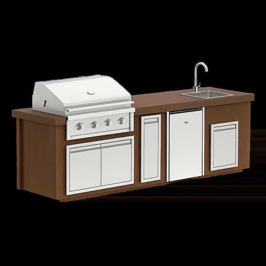 “Videl Luxe 112-inch BBQ island with built-in sink in Java countertop and Java base, handcrafted concrete outdoor kitchen island.”