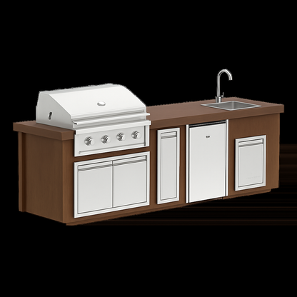 “Videl Luxe 112-inch BBQ island with built-in sink in Java countertop and Java base, handcrafted concrete outdoor kitchen island.”