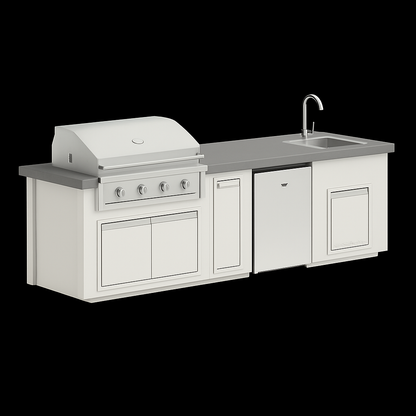 “Videl Luxe 112-inch BBQ island with built-in sink in Pewter countertop and Soft White base, handcrafted concrete outdoor kitchen island.”