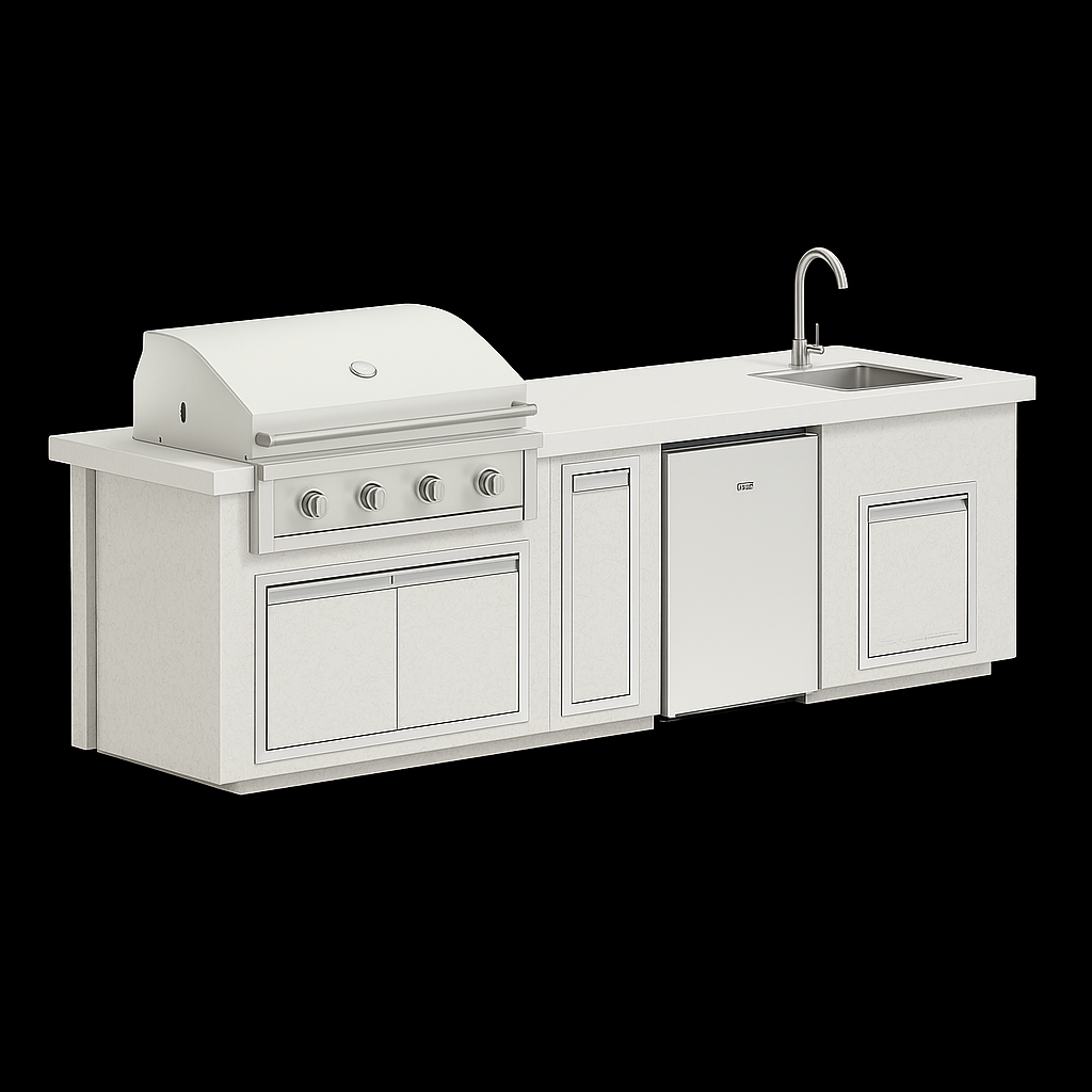 “Videl Luxe 112-inch BBQ island with built-in sink in Soft White countertop and White Vein base, handcrafted concrete outdoor kitchen island.”