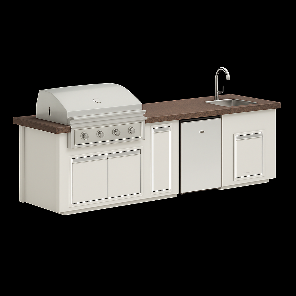 “Videl Luxe 112-inch BBQ island with built-in sink in Java countertop and Soft White base, handcrafted concrete outdoor kitchen island.”