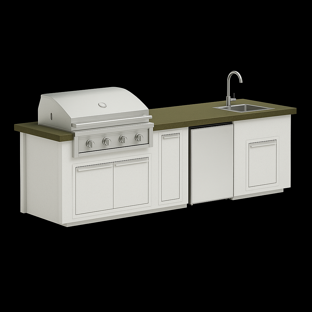 “Videl Luxe 112-inch BBQ island with built-in sink in Olive Green countertop and Soft White base, handcrafted concrete outdoor kitchen island.”