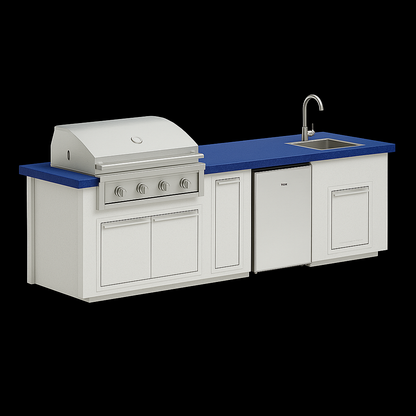 “Videl Luxe 112-inch BBQ island with built-in sink in Sapphire Blue countertop and White base, handcrafted concrete outdoor kitchen island.”