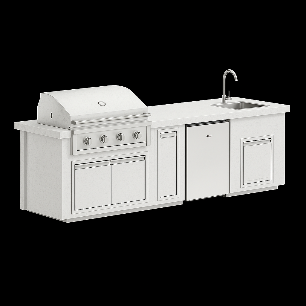 “Videl Luxe 112-inch BBQ island with built-in sink in White Vein countertop and White Vein  base, handcrafted concrete outdoor kitchen island.”