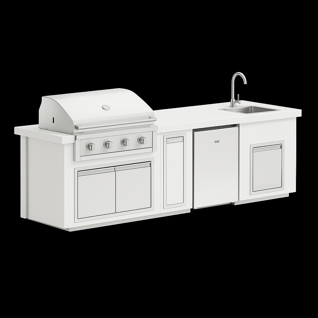 “Videl Luxe 112-inch BBQ island with built-in sink in White countertop and White base, handcrafted concrete outdoor kitchen island.”