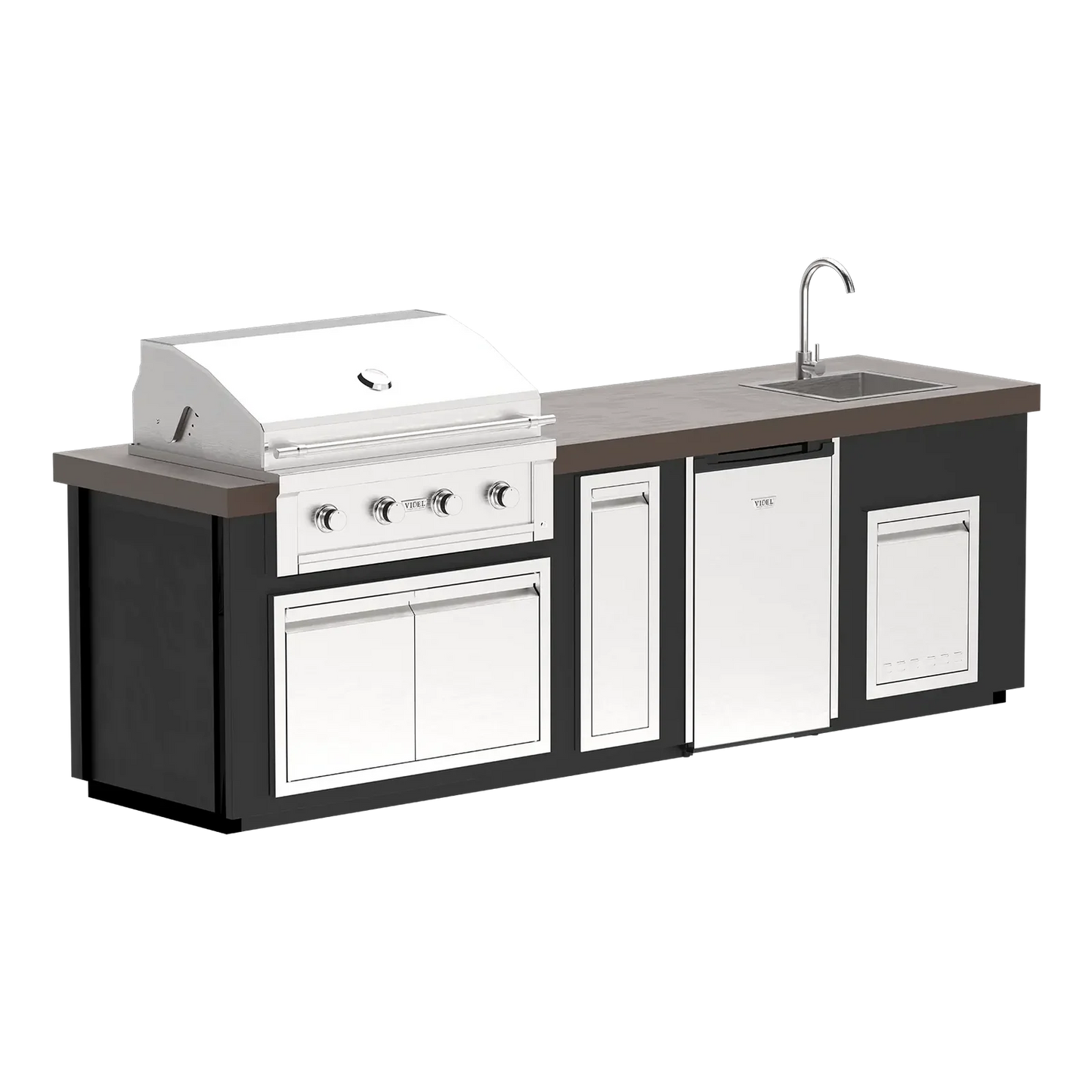 “Videl Luxe 112-inch BBQ island with built-in sink in Lava countertop and Matte Black base, handcrafted concrete outdoor kitchen island.”