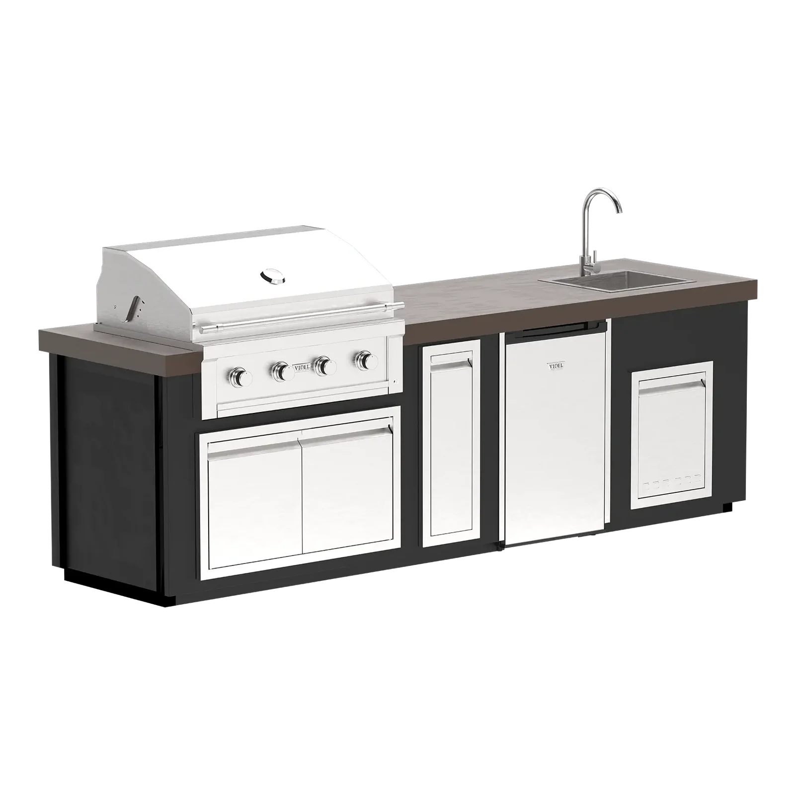 “Videl Luxe 112-inch BBQ island with built-in sink in Lava countertop and Matte Black base, handcrafted concrete outdoor kitchen island.”