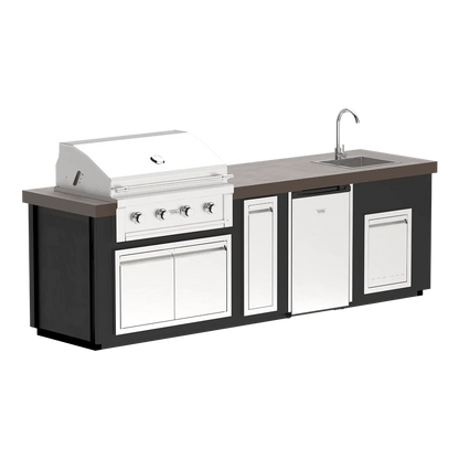 “Videl Luxe 112-inch BBQ island with built-in sink in Lava countertop and Matte Black base, handcrafted concrete outdoor kitchen island.”