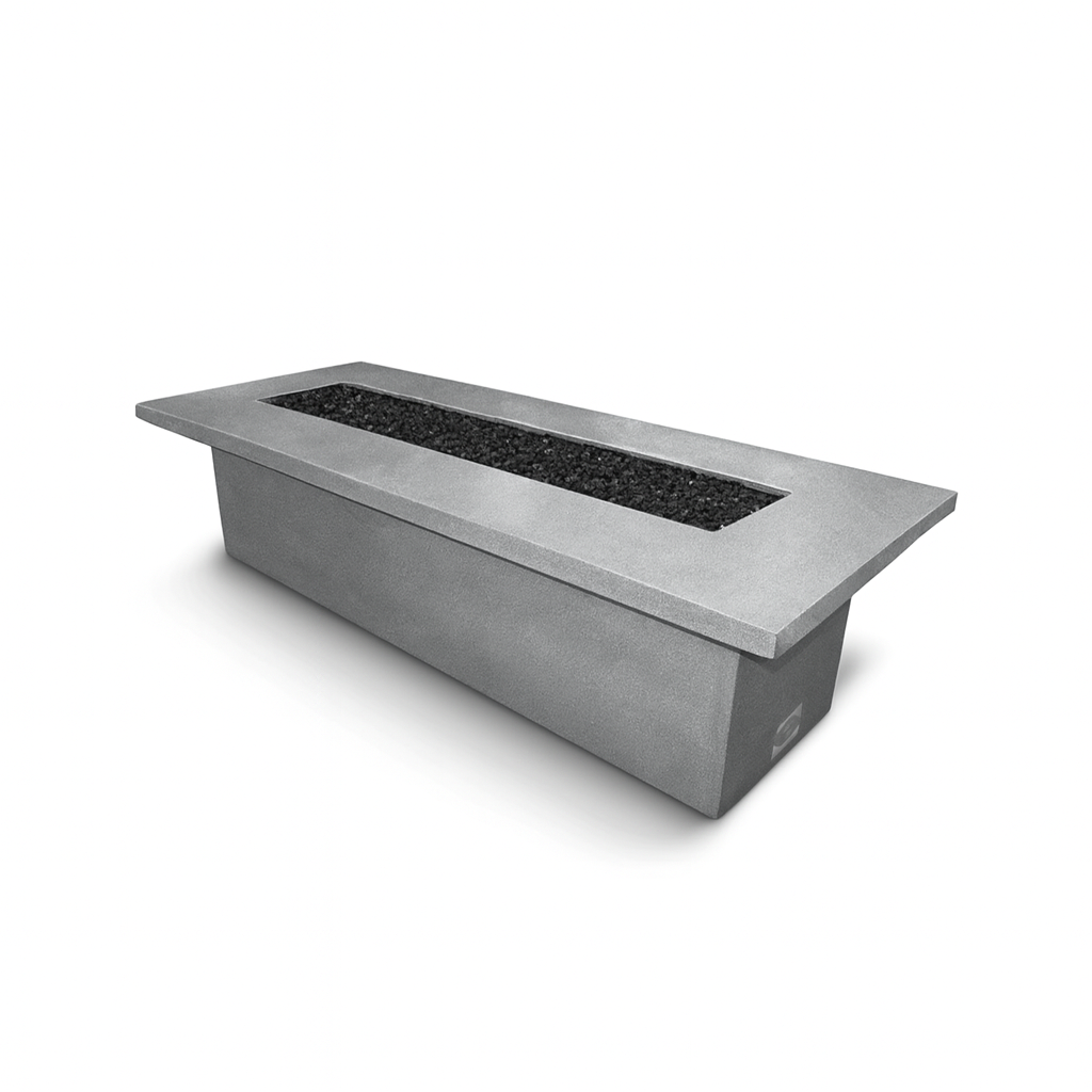 Newport 120-inch rectangular fire table in 
silver finish with elongated burner pan and clean modern silhouette.